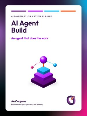 Gamification Nation AI Agent Build. Isometric illustration of three stacked platforms with a violet sphere rising above them, connected to smaller satellite spheres.