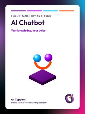 Gamification Nation AI Chatbot. Isometric illustration of a friendly face made from two glowing spheres as eyes and an orange curve as a smile, resting on a purple platform.