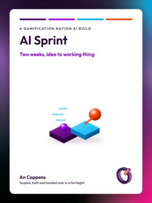 Gamification Nation AI Sprint. Isometric illustration of two platforms with motion lines on the left and an orange sphere launching from the right.
