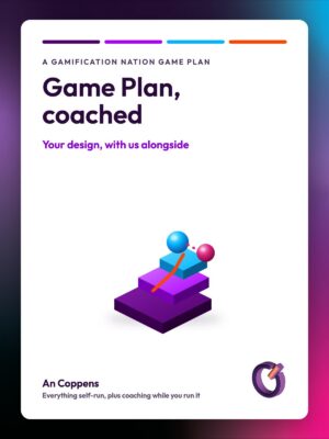 Gamification Nation Game Plan, coached. Isometric illustration of stacked platforms with a climbing path and two spheres side by side, one guiding the other.