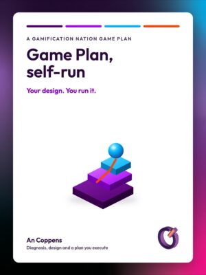 Gamification Nation Game Plan, self-run. Isometric illustration of three stacked platforms rising with an orange path climbing to a glowing sphere at the top.