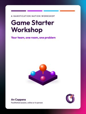 Gamification Nation Game Starter Workshop. Isometric illustration of an orange sphere on a purple platform with three coloured spheres gathered around it.