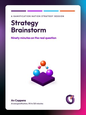 Gamification Nation Strategy Brainstorm. Isometric illustration of two large spheres on a platform with smaller ideas rising towards a bright orange sphere above.